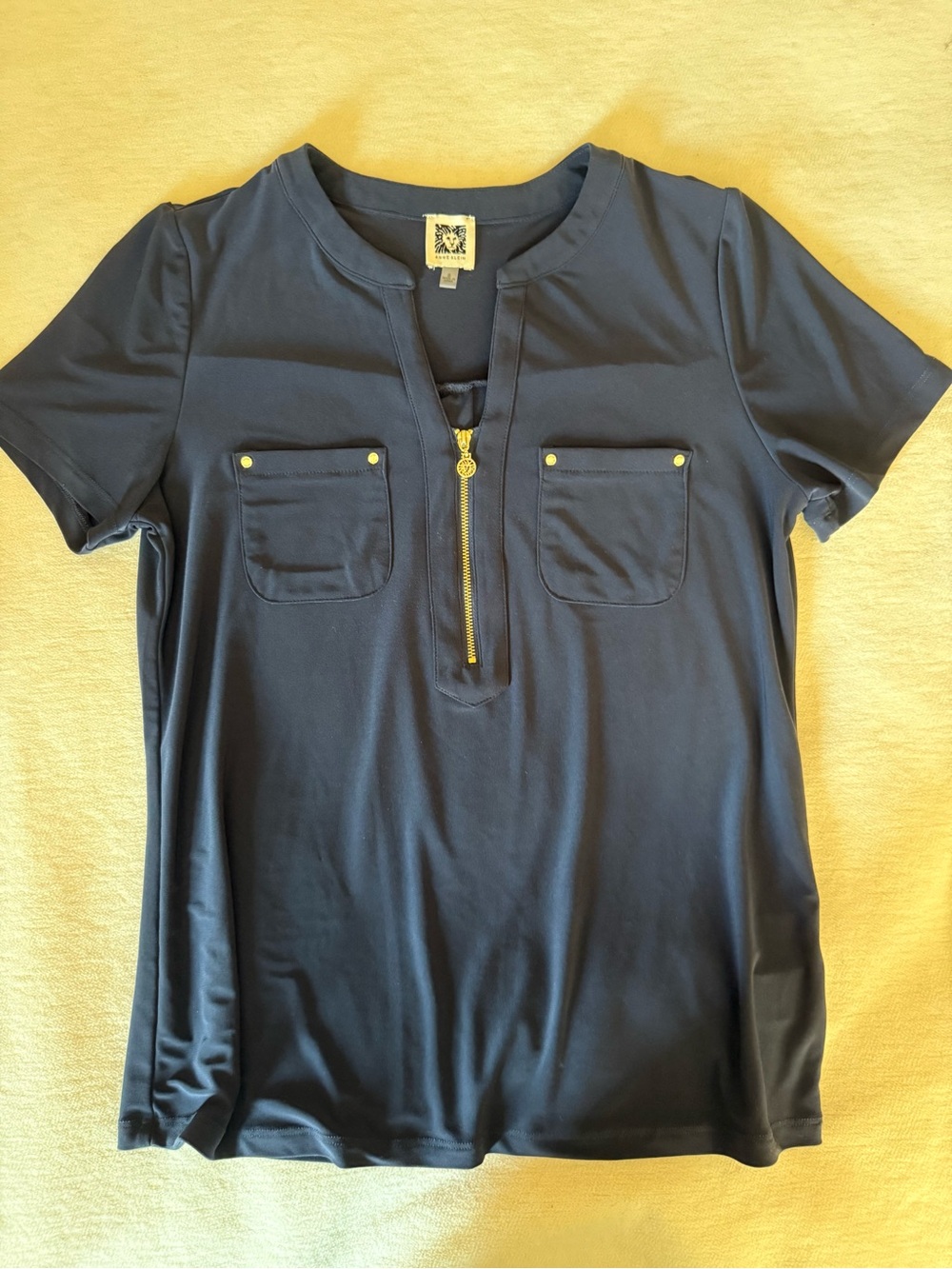 Anne Klein Women’s Short Sleeve Black Top with Gold Zip and Pocket Detail